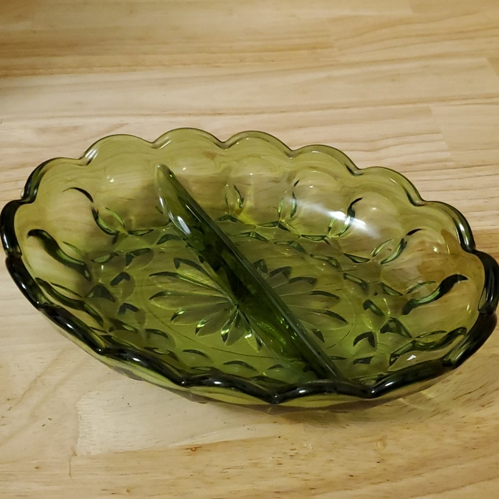 Vintage green pressed glass split dish